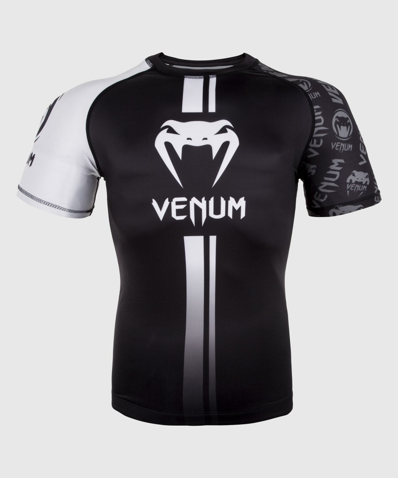 Venum Electron 3.0 Logos Lyhyt Sleeves Miesten MMA Rashguard Mustat Valkoinen | 92784-DKGU | Suomi