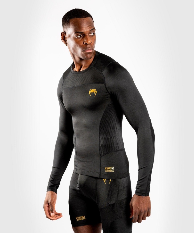 Venum G-Fit Long Sleeves Miesten MMA Rashguard Mustat Kultaiset | 18693-LKPF | Suomi