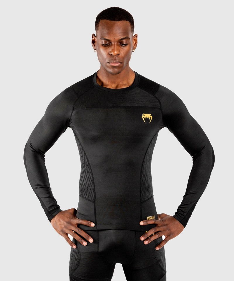 Venum G-Fit Long Sleeves Miesten MMA Rashguard Mustat Kultaiset | 18693-LKPF | Suomi